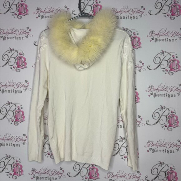 Leo guy sweater faux fur hood cream white floral embroidered zip up luxe winter - Picture 2 of 10